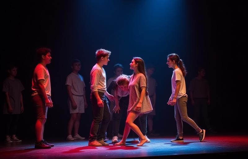 Students performing a scene on stage.