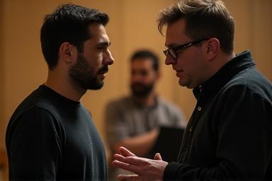 Actors deeply engaged in practicing a complex scene.