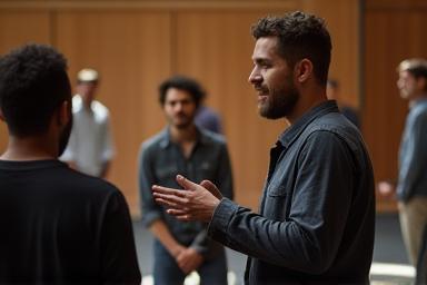 Actors practicing different audition scenarios in a workshop setting.