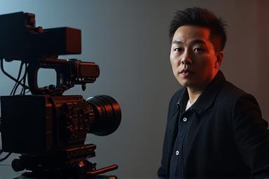 Actor performing in front of a professional film camera.